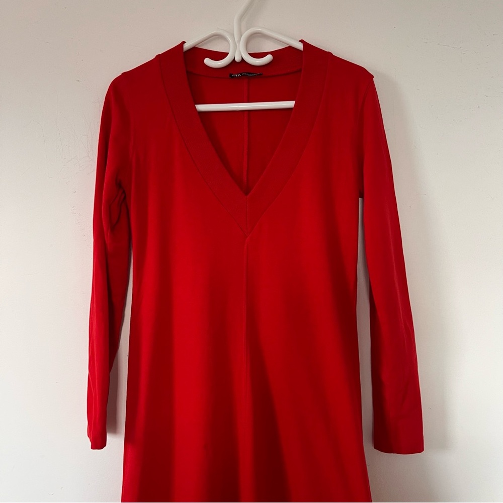 Zara Red Ribbed Knit Midi Dress Small Long Sleeve V-Neck Bodycon Minimalist - Picture 7 of 10